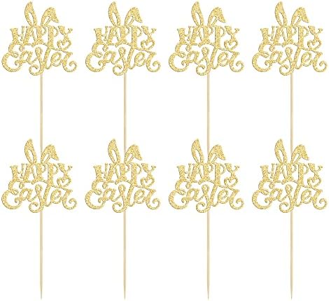 24pcs Happy Easter Cupcake Toppers - Gold Glitter Rabbit Cupcake Picks - Day Theme Baby Shower Kids Birthday Party Cake Decorations