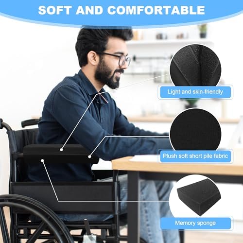 SPRING SEAON Wheelchair Accessories Armrest Covers (Pair), Short Plush Memory Foam Pads, Non-Slip Bottom, Wide Hook-and-Loop Straps, Washable, for Wheelchair/Transport/Office/Gaming Chairs, Black