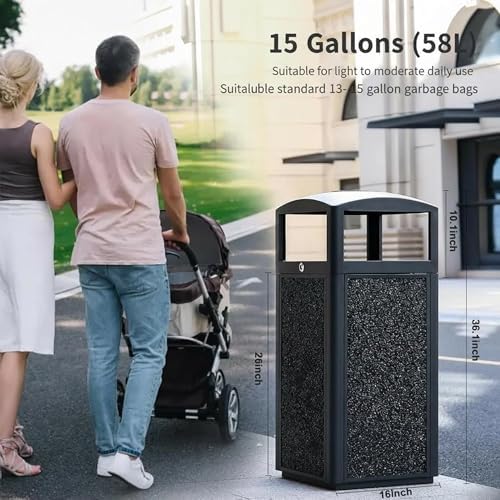 Outdoor Commercial Trash Can with Lid, Heavy Duty Waste Container with Stone Panels,Removable Metal Inner Bucket, Commercial Gabage can with Top Tray for Parks and Public Spaces