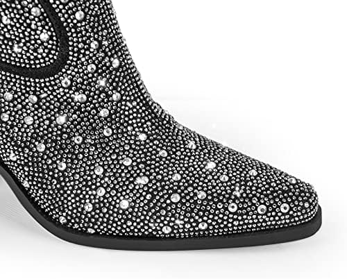 Richealnana Women's Rhinestones Slip On Block Chunky Heel Crystals Mid Calf Boots