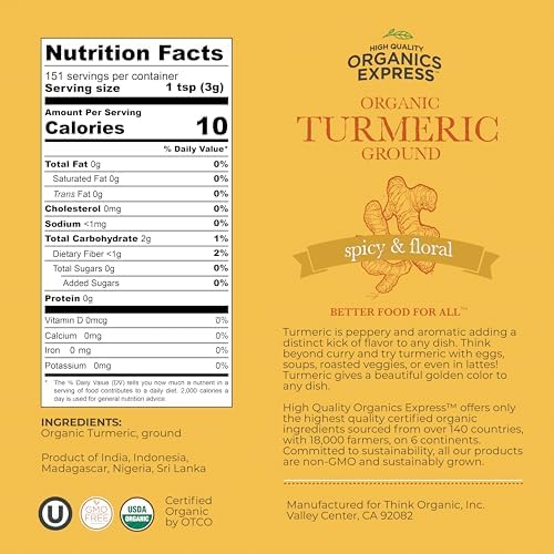 HQOExpress Bulk Organic Ground Turmeric Powder – 5 lb Value Bag (80 oz) USDA Organic | Non-GMO | Kosher | Sustainably Grown | Lab Tested | Legacy Brand Since 1977