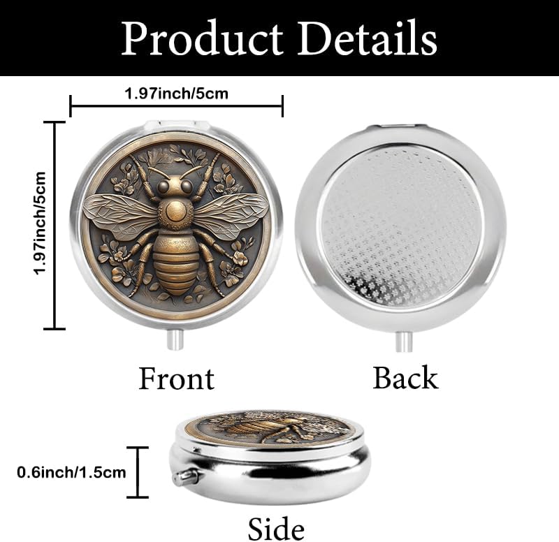 Portable Round 3 Compartment Metal Pill Box Featuring a Bee and Honeycomb Design Ideal for Organizing Supplements Medications or Travel Essentials