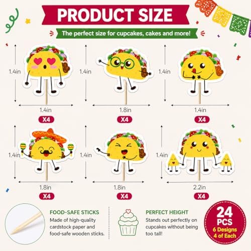24 Pcs Fiesta Taco Party Cupcake Toppers For Taco Theme Birthday Mexican Fiesta Party Decor Baby Showers Birthday Decoration Supplies