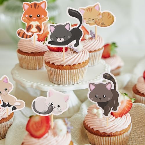 12Pcs Cat Cupcake Toppers - Cute Kitten Cake Decorations Party Cake Toppers for Cats Themed Birthday Parties Supplies,Baby Showers,Cat Lovers Gatherings