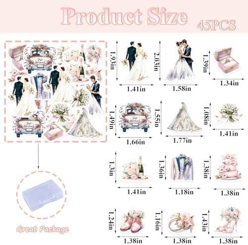 45PCS Edible Wedding Cupcake Toppers Wafer Paper Groom and Bride Cupcake Decoration Diamond Ring Cupcake Picks for Bridal Shower Bachelorette Wedding Party Supplies