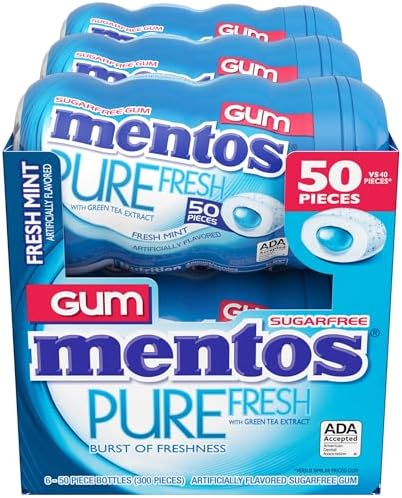 Mentos Pure Fresh Sugar-Free Chewing Gum with Xylitol, Fresh Mint, 50 Count (Pack of 6)