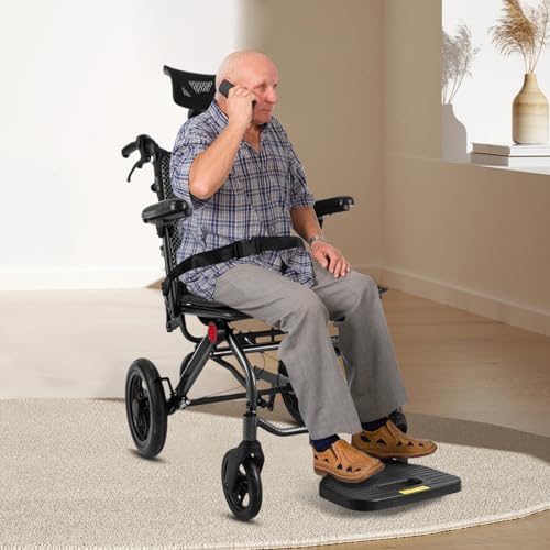 Lightweight Reclining Travel Wheelchair, Folding All Terrain Reclining Transport Wheelchair for Adults and Seniors, 18.11in Reclining Seat with Adjustable Backrest & Headrest, Support 286lbs