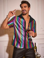 Runcati Mens Disco Shirt 70s Shirts Short Sleeve Button Down Vintage Sequin Metallic Disco Outfits Party Costume Top