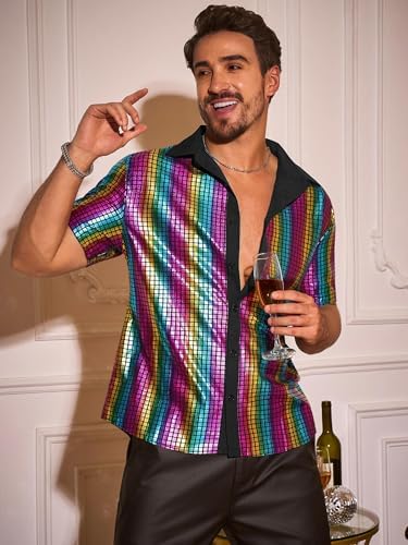 Runcati Mens Disco Shirt 70s Shirts Short Sleeve Button Down Vintage Sequin Metallic Disco Outfits Party Costume Top