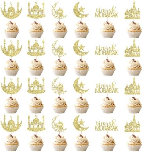 24 Pcs Eid Mubarak Cupcake Toppers,6 Patterns Glitter Umrah Mubarak Cupcake Picks,Ramadan Kareem Muslim Islam Eid Festival Party Decorations, Ramadan Mubarak Party Deorations