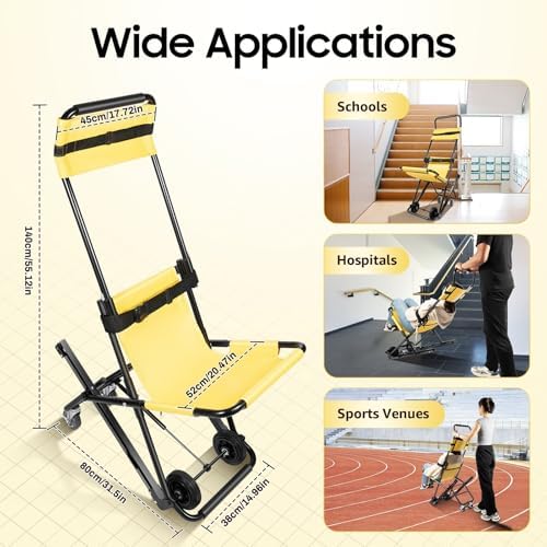 Folding Stair Chair with Wheels, 350 lbs Capacity Portable Evacuation Chair for Emergency, Manual Transport Stretcher for Home, Hospital, Public Spaces to Assist Moving Elderly, Yellow & Black