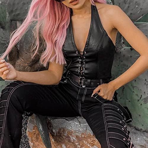 Sexy Corset Tops for Women Adjustable Spaghetti Straps PU Leather Bustier Crop Top Rave Outfit Party Club Night Black
