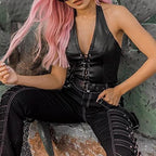 Sexy Corset Tops for Women Adjustable Spaghetti Straps PU Leather Bustier Crop Top Rave Outfit Party Club Night Black