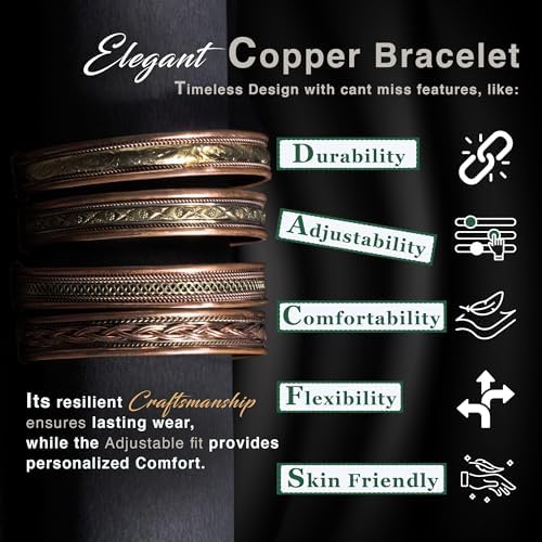 cosynee Premium Tibetan Copper Unisex Bracelets Set of 4 – 99.99% Pure Copper Cuff Bangles for Men & Women, Adjustable, Ultra Strength, Solid High Gauge Metal – Vintage Style with Gift Pouch