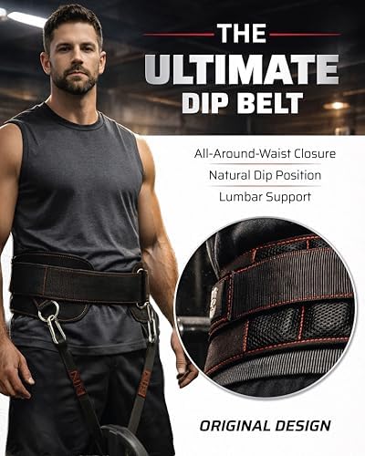 Ultimate Dip Belt | Secure Closure - No Sliding Down | Structured Back Support | 45-Angle Rings - Comfort Dip Position | 40” Strap & 2 Snap Hooks - for Dips, Pull Ups, Squats, Weight Lifting