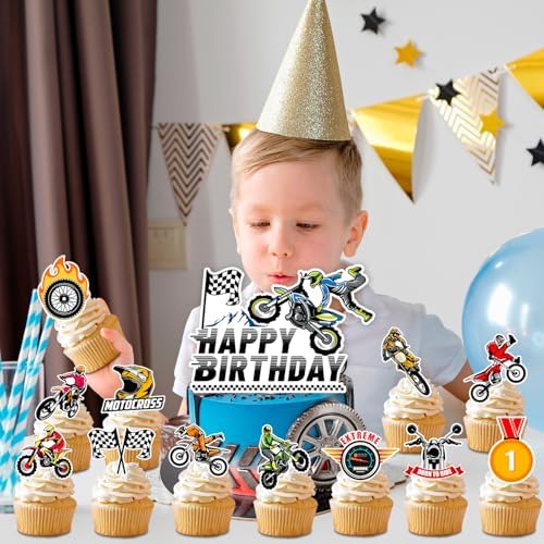 Motorcycle Cake Topper, 25Pcs Motorcycle Cupcake Toppers Dirt Bike Cake Topper Dirtbike Cupcake Toppers, Motorcycle Birthday Cake Decorations for Dirt Bike Birthday Party Decorations Supplies