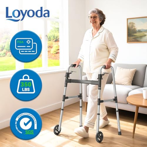 Loyoda Folding Walker with 2 Skis and 5" Wheels, Lightweight Walkers for Seniors and Adults, Supports Up to 350 Pounds, Adjustable Height, Compact Standard Walker, Black