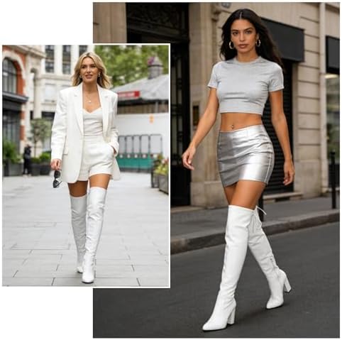 Women's Thigh High Boots Over The Knee Boot Sexy Pointed Toe Chunky Heels Boots Zipper Lace Up Long Boots