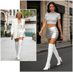 Women's Thigh High Boots Over The Knee Boot Sexy Pointed Toe Chunky Heels Boots Zipper Lace Up Long Boots