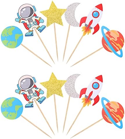 36 Pack Space Astronaut Cupcake Toppers Planet Rocket Spaceship Trip to the Moon Star Cupcake Food Picks Universe Outer Space Theme Baby Shower Kids Birthday Party Cake Decorations Supplies