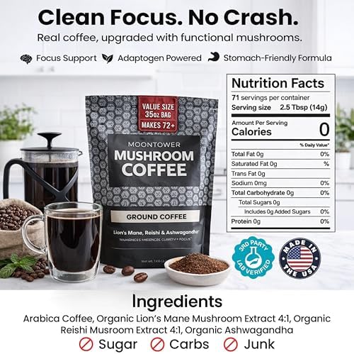 Moontower Adaptogen Mushroom Coffee Ground - Organic Mushroom Coffee with Lion's Mane, Reishi & Ashwagandha, Medium Roast Nicaraguan Beans for Focus & Clarity, Energizing Balanced Brew - 35 oz