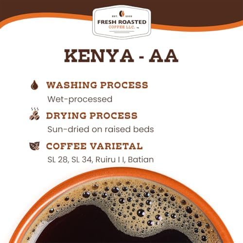 Fresh Roasted Coffee, Kenya AA, 12 oz, Med-Dark Roast, Kosher, Ground