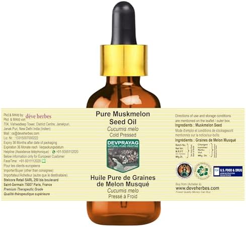 Muskmelon Seed Oil (Cucumis melo) with Glass Dropper | Cold Pressed | Pure | Natural | For Diluting Essential oils | For Skin & Massage | Non-Sticky| Lighweight| Unisex | 50ml (1.69 oz)