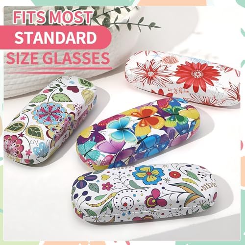 4-Piece Flower Sunglasses Case Set - PU Leather Hard Shell Glasses Box for Women (Floral and Butterfly Design) - Fits Large Sunglasses, Reading Glasses, and Goggles