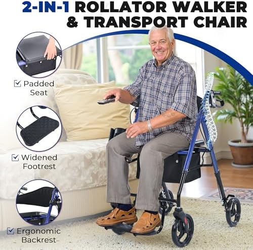 Metro Mobility Rollator Walkers for Seniors with Seat, Foldable 2 in 1 Rolling Walkers Wheelchair, 300lb Capacity with Cup Holder & Cane Holder, 8'' All Terrain Wheels, Blue