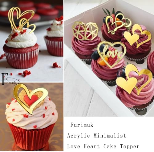 27 Pcs Love Heart Cupcake Toppers Acrylic Cake Topper Minimalist Gold Cake Decorations for Valentine's Day Anniversary Engagement Birthday Wedding Party Supplies