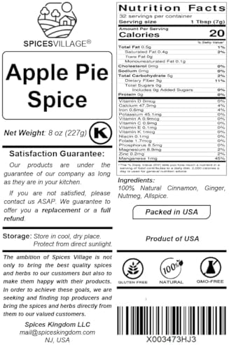 SPICES VILLAGE Apple Pie Spice [ 8 oz ] - Cinnamon, Ginger, Nutmeg, and Allspice Mix - Kosher, Gluten Free, Non GMO, Resealable Bulk Bag