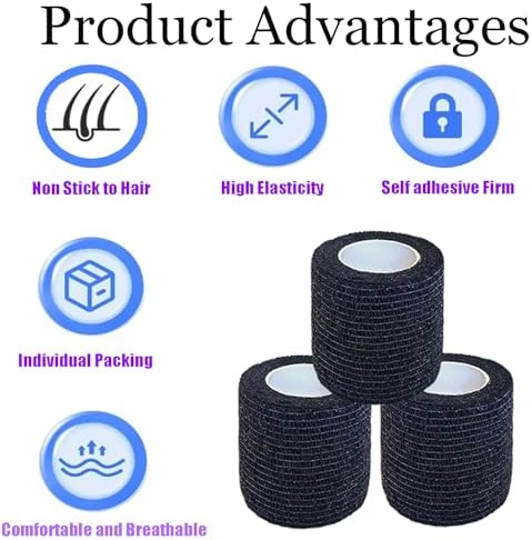 3 Pack 2 Inches Self Adhesive Bandage Wrap Vet Wrap for Pets, Stretch Self Adherent Tape Cohesive Wrap for Athletic, Sports, Wrist and Ankle(Black)