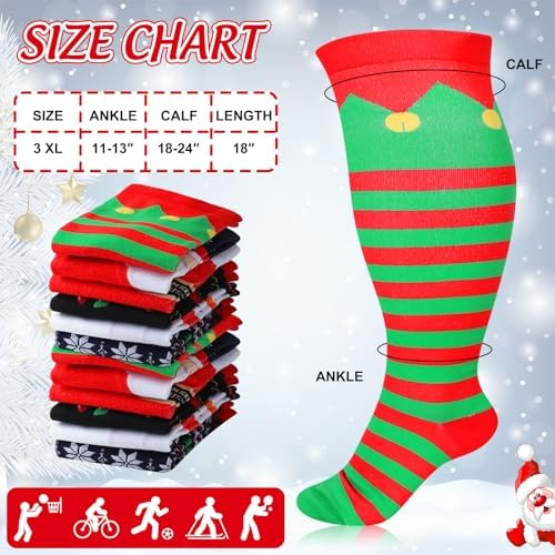 Cutecrop 6 Pairs Christmas Plus Size Compression Socks Wide Calf for Women Men 20-30 Mmhg Extra Wide Knee High Support Socks