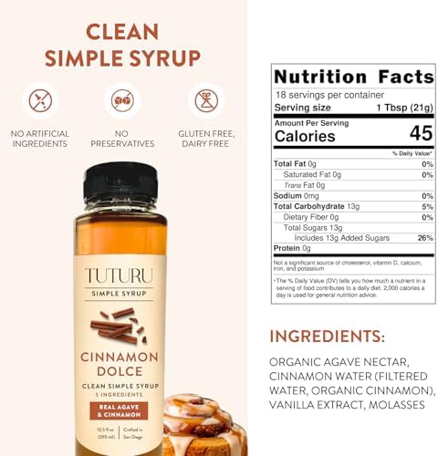 Cinnamon Dolce Simple Syrup for Coffee, Cocktails, Tea, Matcha - Sweetened with Agave Nectar - Clean Simple Syrup with Real Cinnamon, Molasses and Vanilla - 13.5 oz