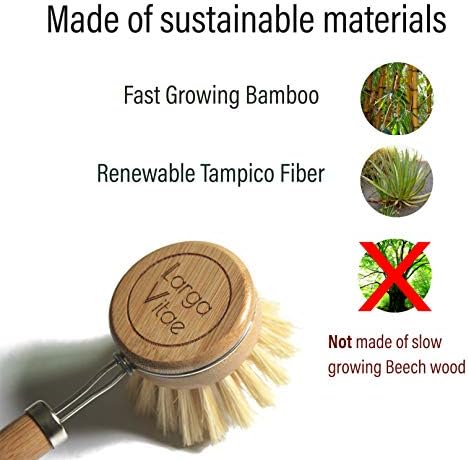 Wooden Dish Brush Made of Renewable Bamboo Wood and Natural Bristle Tampico Fiber, includes 5 Replacement Brush Heads, Durable, Long Lasting, All Purpose Kitchen Scrubber