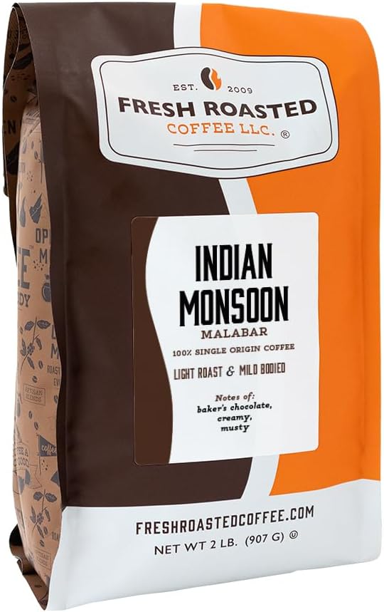 Fresh Roasted Coffee, Indian Monsoon Malabar, 2 lb (32 oz), Light Roast, Kosher, Whole Bean
