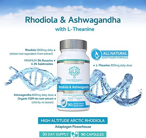 Rhodiola & Ashwagandha with L-Theanine - Award Winning Ashwagandha KSM-66 600mg & 1500mg Rhodiola (3% Rosavins - 1% Salidrosides) whole root equivalent- adaptogen combo- No artificial fillers
