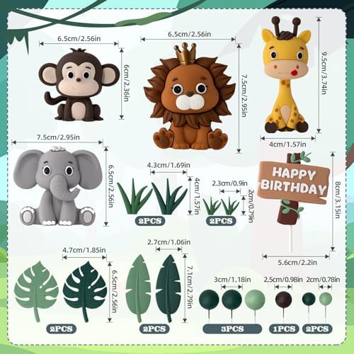 19pcs Safari Animal Cake Topper - Jungle Wild Cake Toppers with Leaves Balls Cake Decorations for Safari Animals Themed Birthday Party Decorations (Safari Animal Style)
