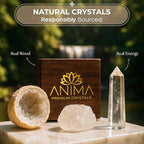 Anima Premium Clear Quartz Crystal Set for Clarity, Focus & Energy Amplification – Authentic Clear Quartz Tower, Cluster & Raw Crystal Presented in Elegant Wooden Gift Box – Responsibly Sourced