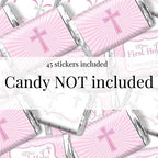 First Holy Communion Mini Chocolate Candy Bar Sticker Wrappers for Girls, 45 1.4" x 2.6" Wrap Around Labels by AmandaCreation, Great for Party Favors