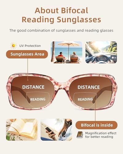 JM 2 Pack Classic Bifocal Reading Glasses Rectangular Stylish Sunglasses Readers for Women +1.25 All Black&Pink Printed