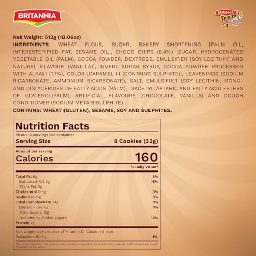 Britannia Chocochip Crunchy Cookies 512g | Kids Lunchbox Snack | Chocolate Chip Biscuits Family Pack 18.06oz | Vegetarian School Snack | Tea Time Treat