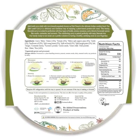 Food Earth Ready to Eat Indian Cuisine – Split Lentil Curry with Steamed Rice – Microwavable, Organic, Vegan, Gluten-Free, GMO-Free, Plant-Based – 10.58 oz – Pack of 6