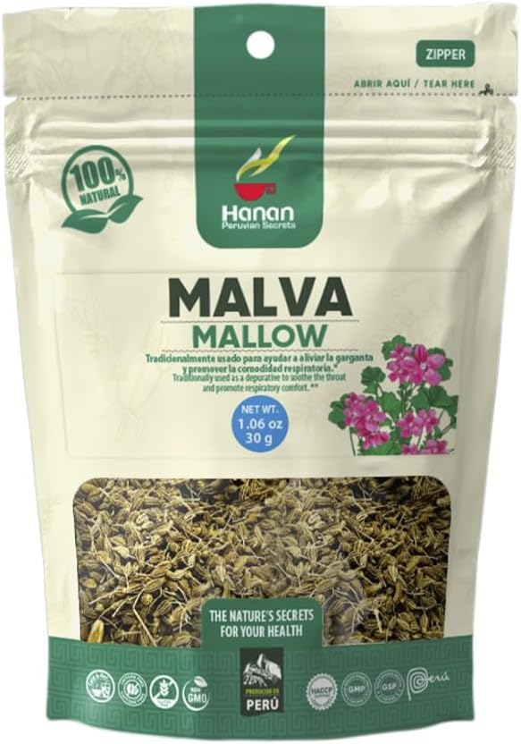 Hanan Peruvian Secrets Malva| 100% Natural Mallow | 1.06oz / 30g | Aids in Prevention of Gastric Disorders, Ulcers, and Constipation| Promotes Good Digestion