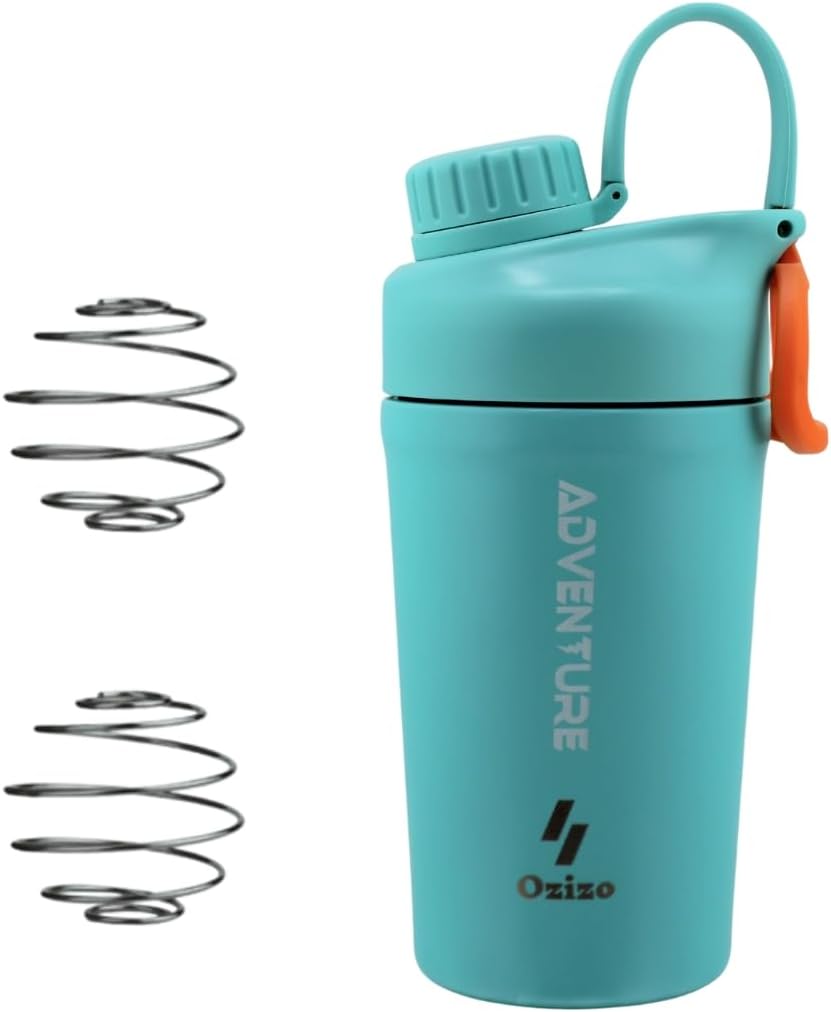 Ozizo Stainless Steel Shaker Bottle with 2 Springs, Insulated Shaker Cup for Protein Mixes, 20 oz, Cyan