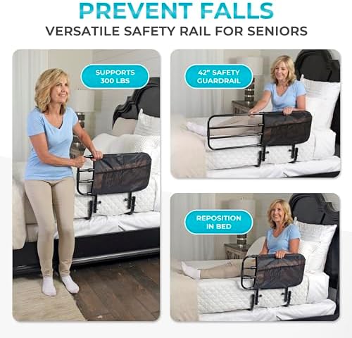 Stander EZ Adjust Bed Rail, Adjustable Senior Bedrail and Safety Assist Railing for Elderly Adults with Organizer Pouch, ASTM Safety Approved Guard-Rail, Black