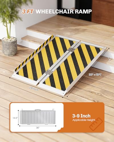 Portable Wheelchair Ramp 3 FT, Aluminum Folding Ramps for Wheelchairs for Home with Handle & Non-Skid Surface, 801 lbs Threshold Ramps for Doorways Steps Stairs Entry Cars Use