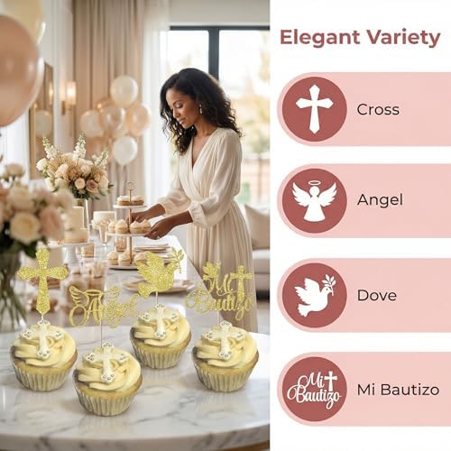 24Pcs Spanish Mi Bautizo Cupcake Toppers with Glitter Cross Angel Dove Baptism Cupcake Picks Decorations for Religious God Bless Theme Baby Shower Birthday Christmas Party Supplies Gold