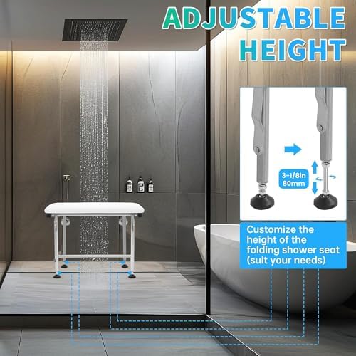 Kojem 26" x14.5” Folding Shower Seat Wall Mount W/304 Stainless Legs, Adjustable Height Fold Down Bench for Bathroom, Wall Mounted Shower Stool Chair for Elderly Seniors Pregnant Disabled 600LBS