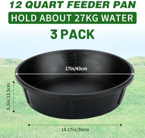 3Pcs Heavy Duty Rubber Feeder Pan, 12Q/3Gal Horses Feed Pan, Large Feed Bucket for Animal Feeding, Livestock Water Bowl Chicken Dust Bath Tub for Horse Goat Pig Dog Farm Livestock Poultry